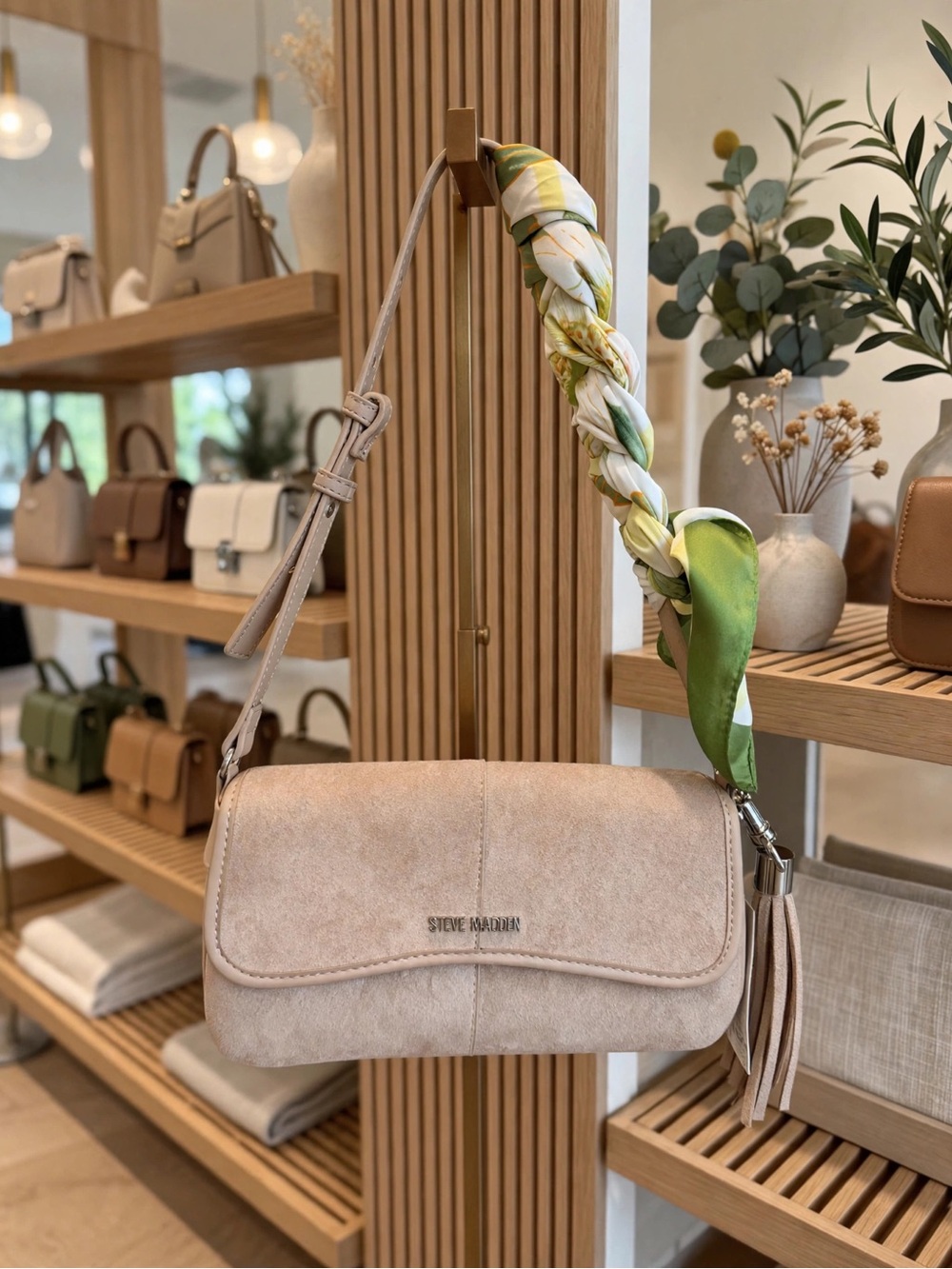 Steve Madden Beige Suede Crossbody with Green Scarf Detail